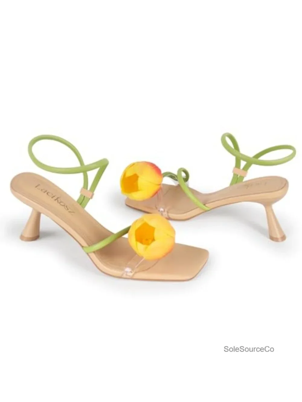 Faux Leather Kitten Heel Sandals Square Open Toe Floral Strappy Low Heel